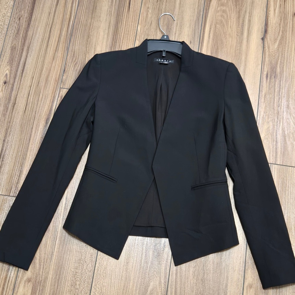 Theory Black Wool Blend Open Front Collarless Blazer Jacket Size 2